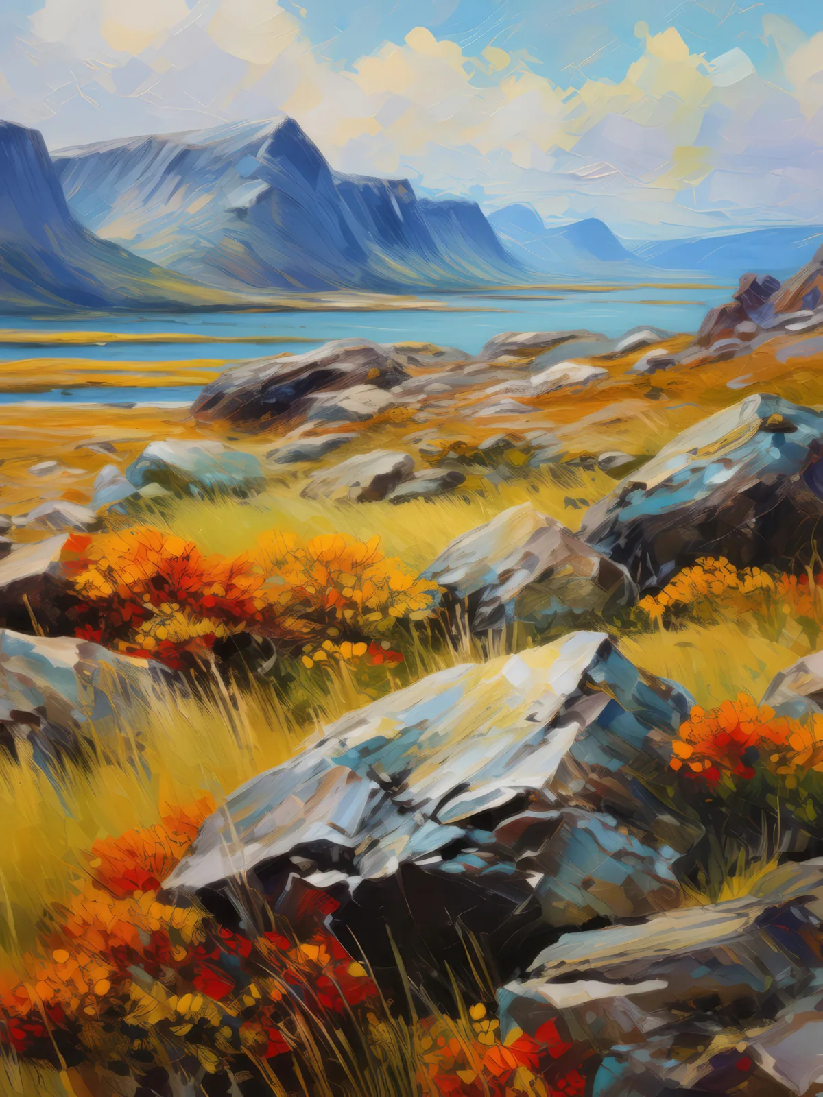 Lichen-Covered Rocks Tundra, a palette-knife oil landscape by Emma Mickelberg