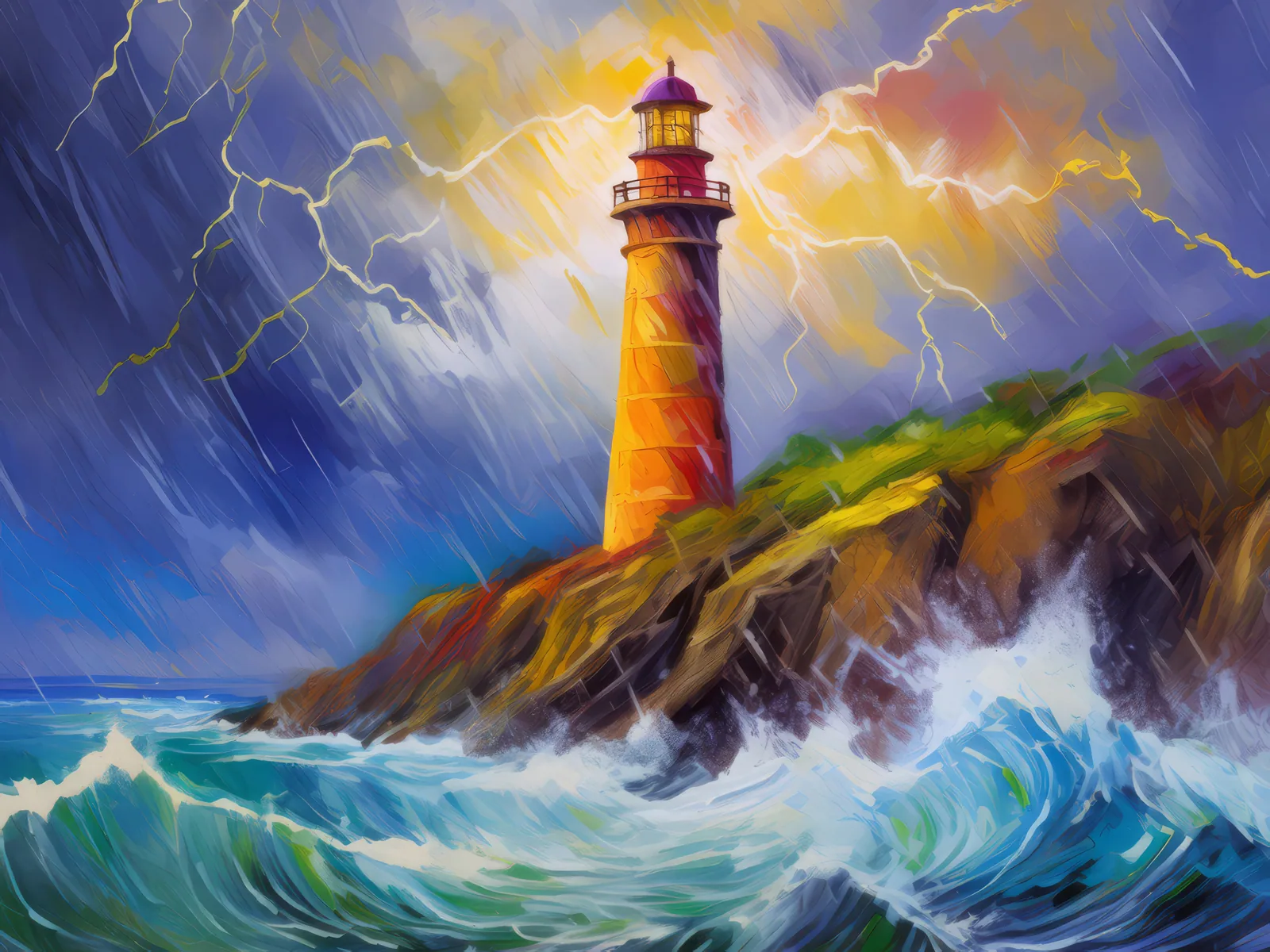 Lighthouse on Stormy Hill, a palette-knife oil landscape by Emma Mickelberg