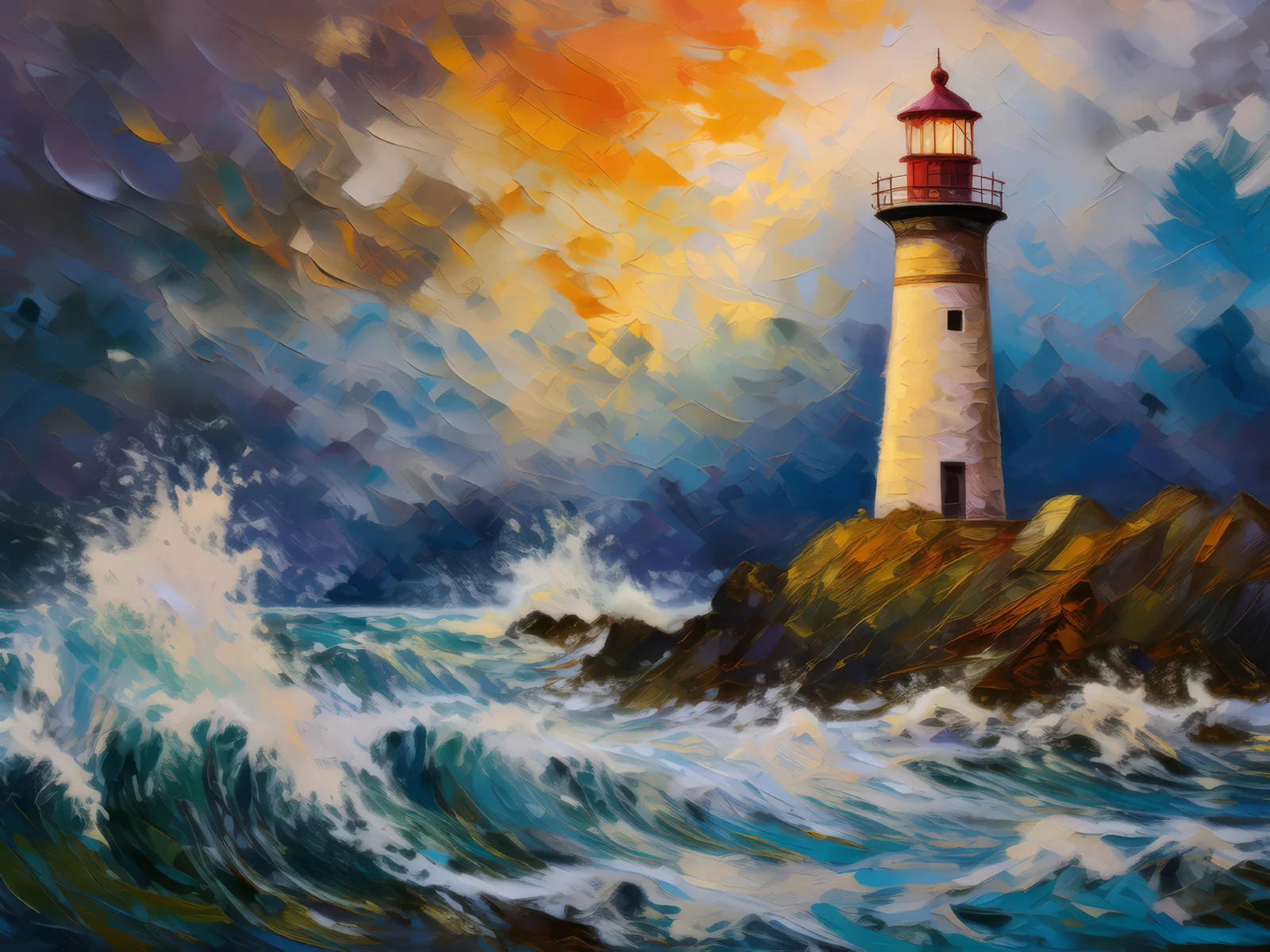 Lighthouse Storm Watch, a palette-knife oil landscape by Emma Mickelberg