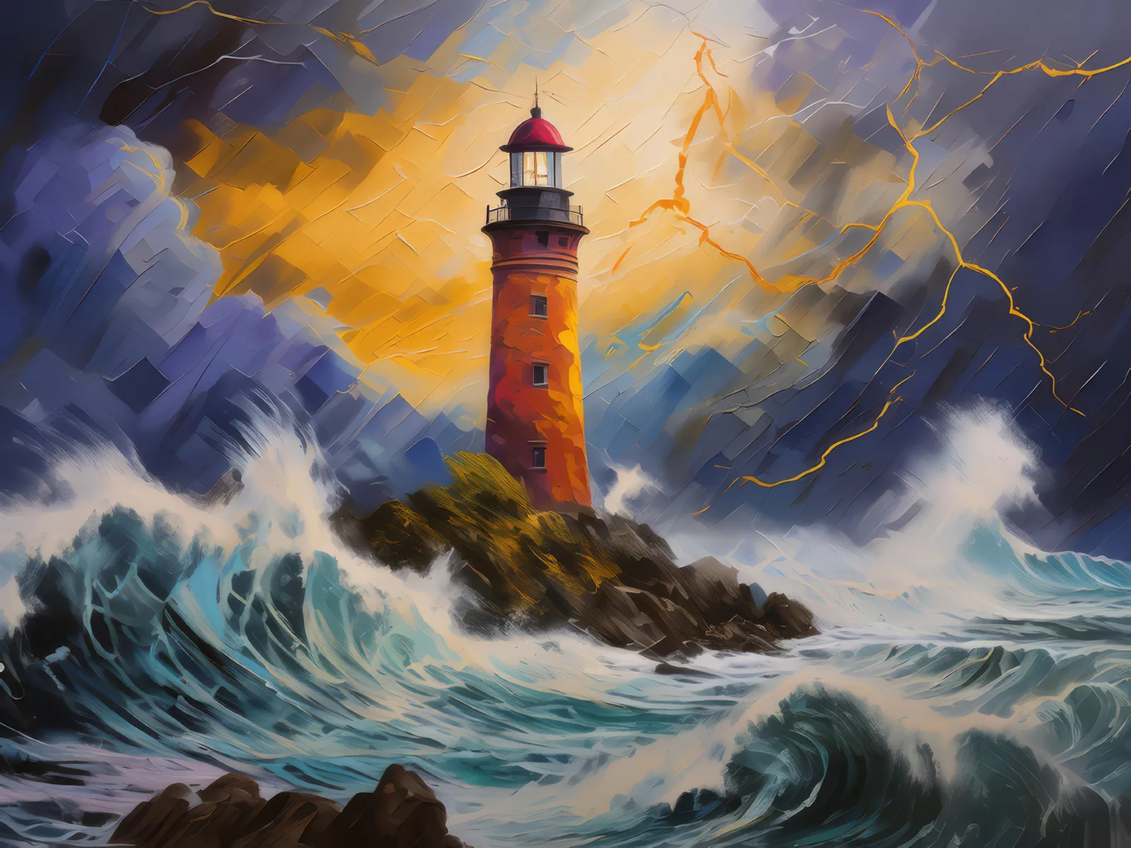 Lighthouse Storm, a palette-knife oil landscape by Emma Mickelberg