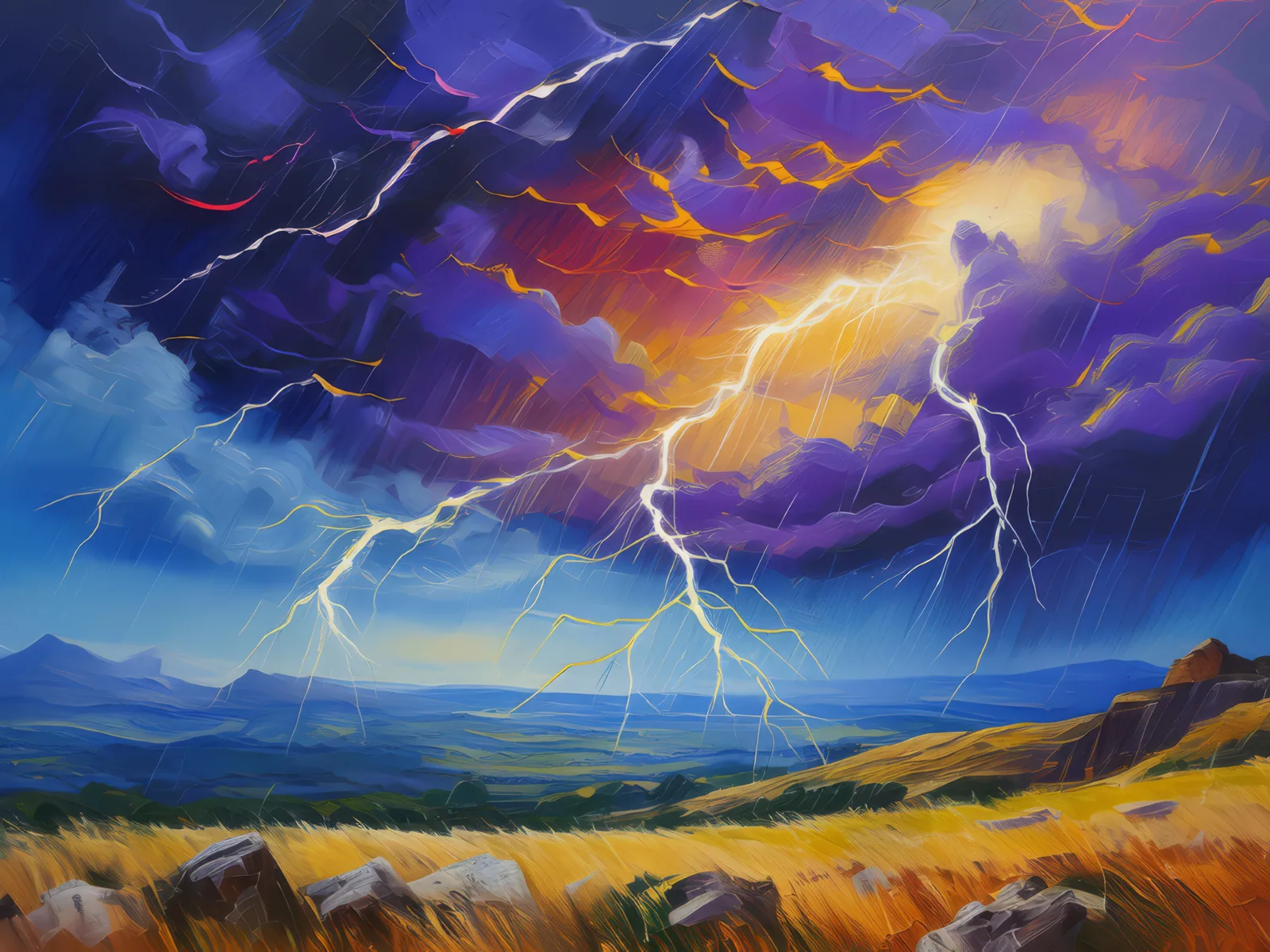 Lightning Storm Over Plateau, a palette-knife oil landscape by Emma Mickelberg