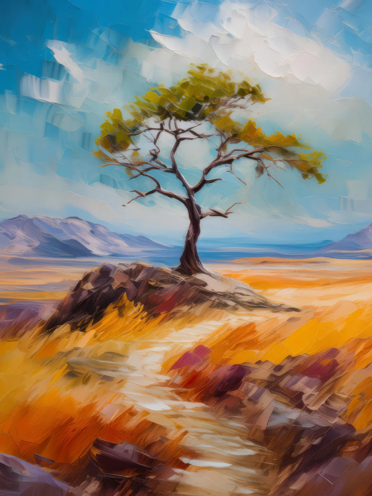 Lone Tree in Boreal Wasteland, a palette-knife oil landscape by Emma Mickelberg