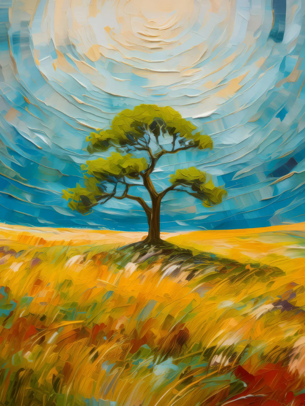 Lone Tree in Grassland, a palette-knife oil landscape by Emma Mickelberg