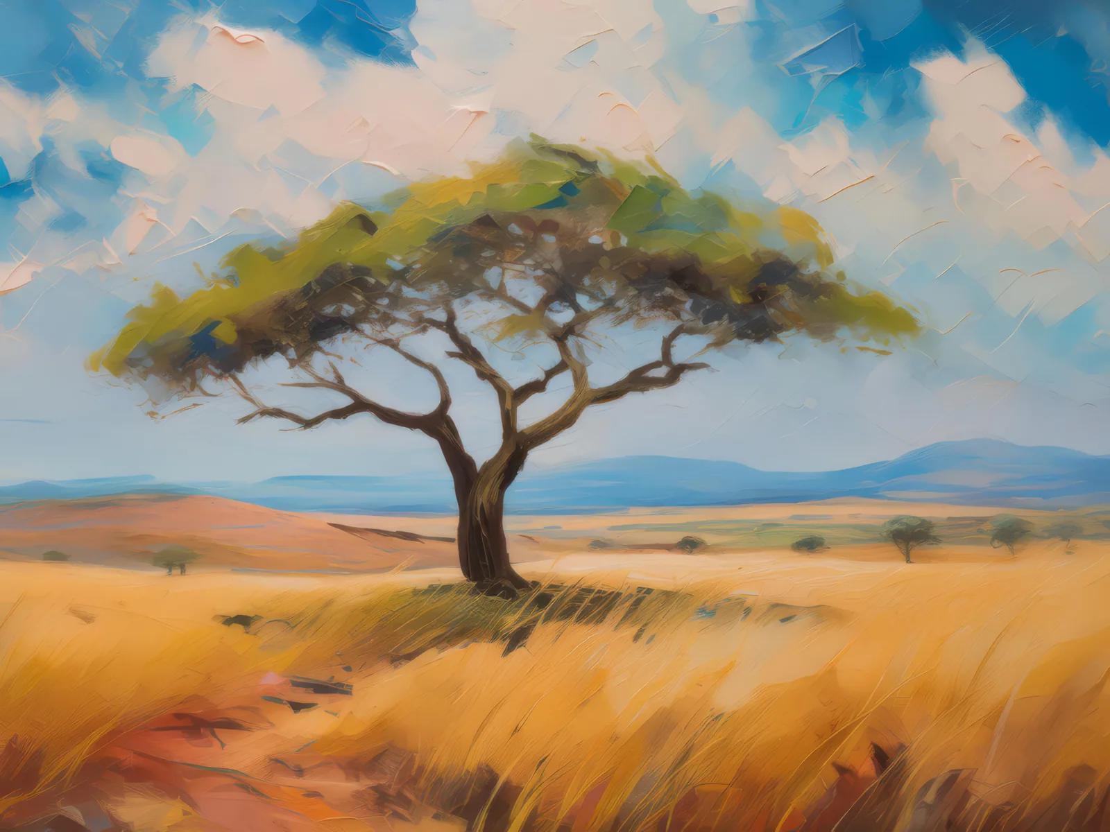 Lone Tree in Savannah, a palette-knife oil landscape by Emma Mickelberg