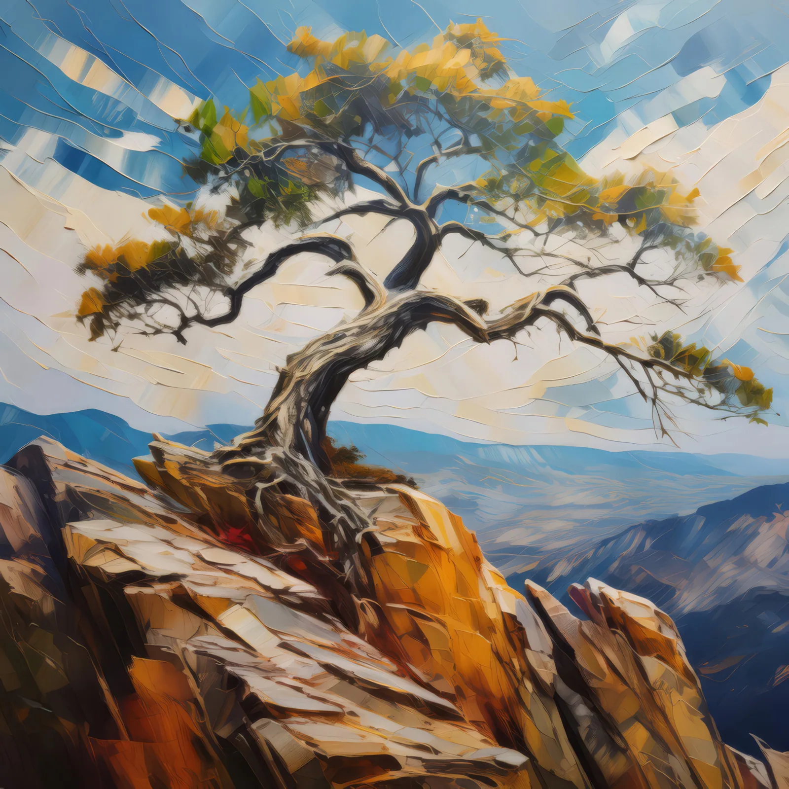 Lone Tree on Crag, a palette-knife oil landscape by Emma Mickelberg