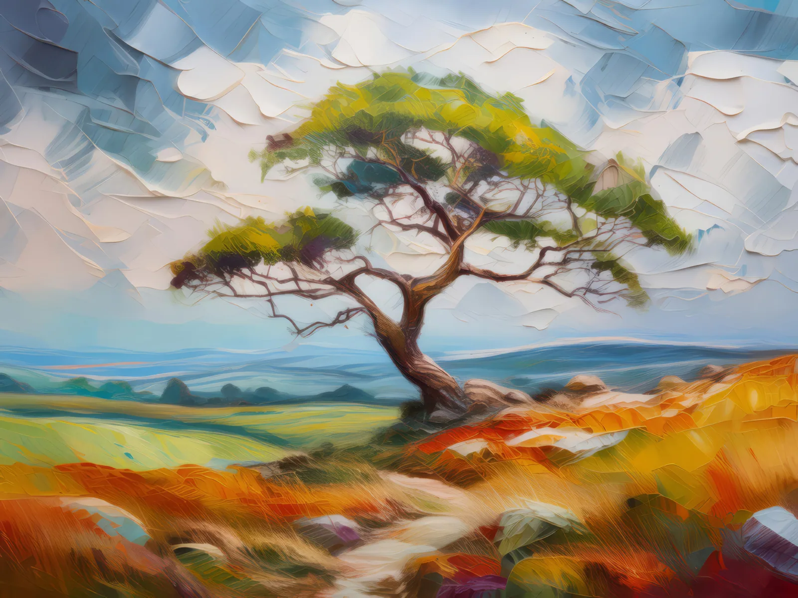 Lone Tree on the Moor, a palette-knife oil landscape by Emma Mickelberg