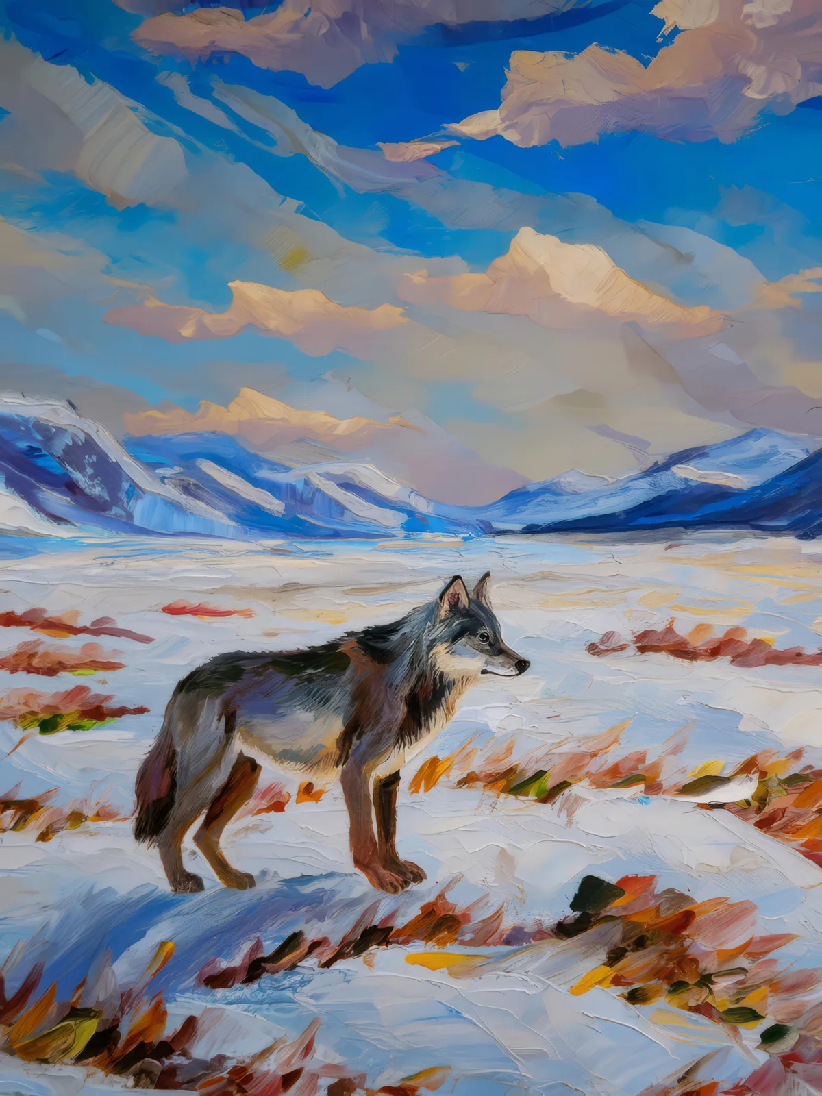 Lone Wolf in Boreal Desert, a palette-knife oil landscape by Emma Mickelberg