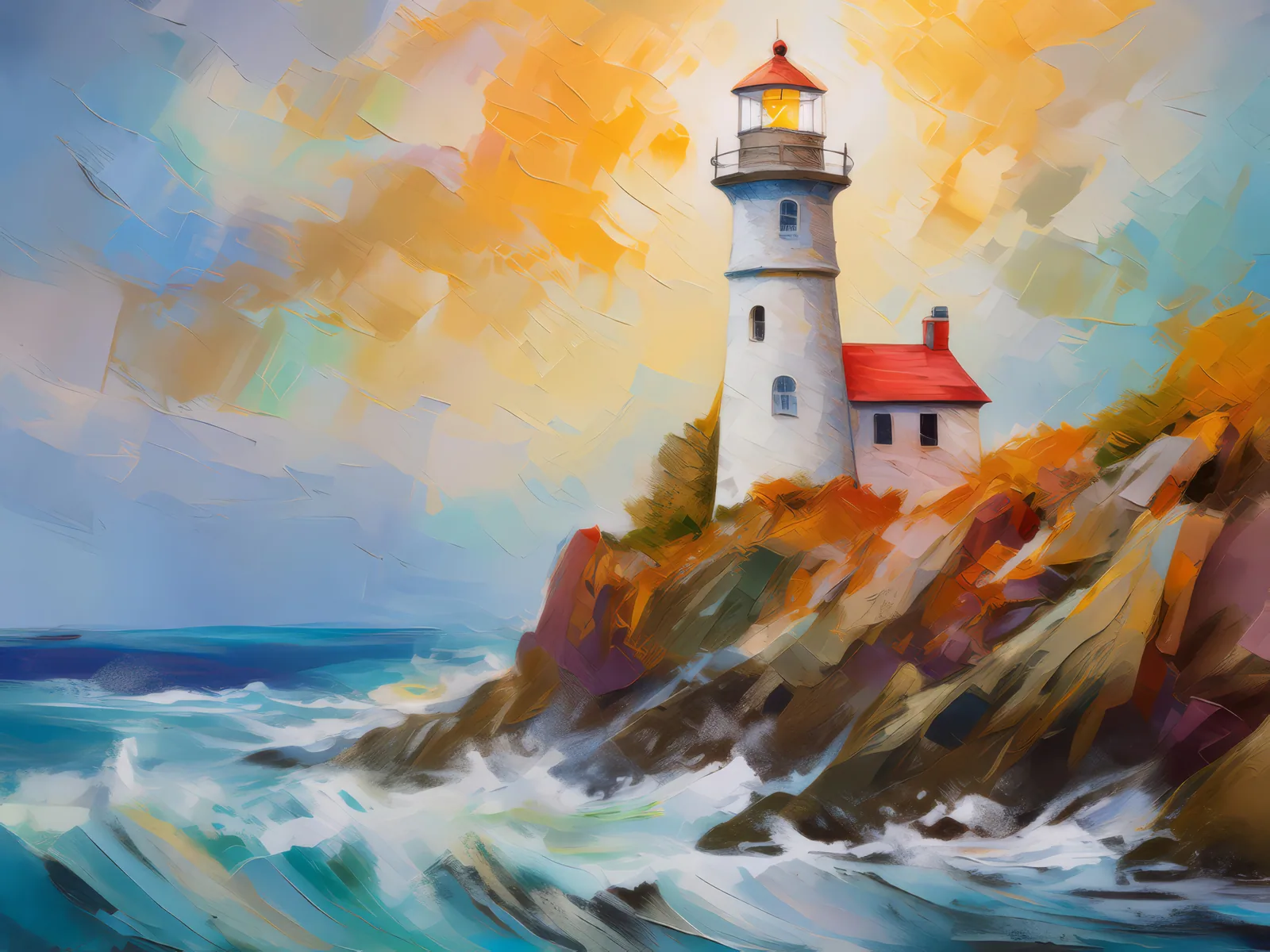 Lonely Crag Lighthouse, a palette-knife oil landscape by Emma Mickelberg
