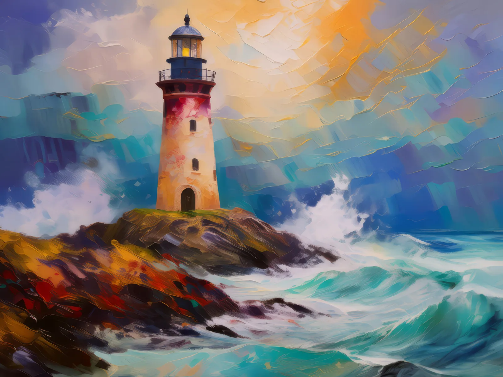 Lonely Lighthouse Shore, a palette-knife oil landscape by Emma Mickelberg