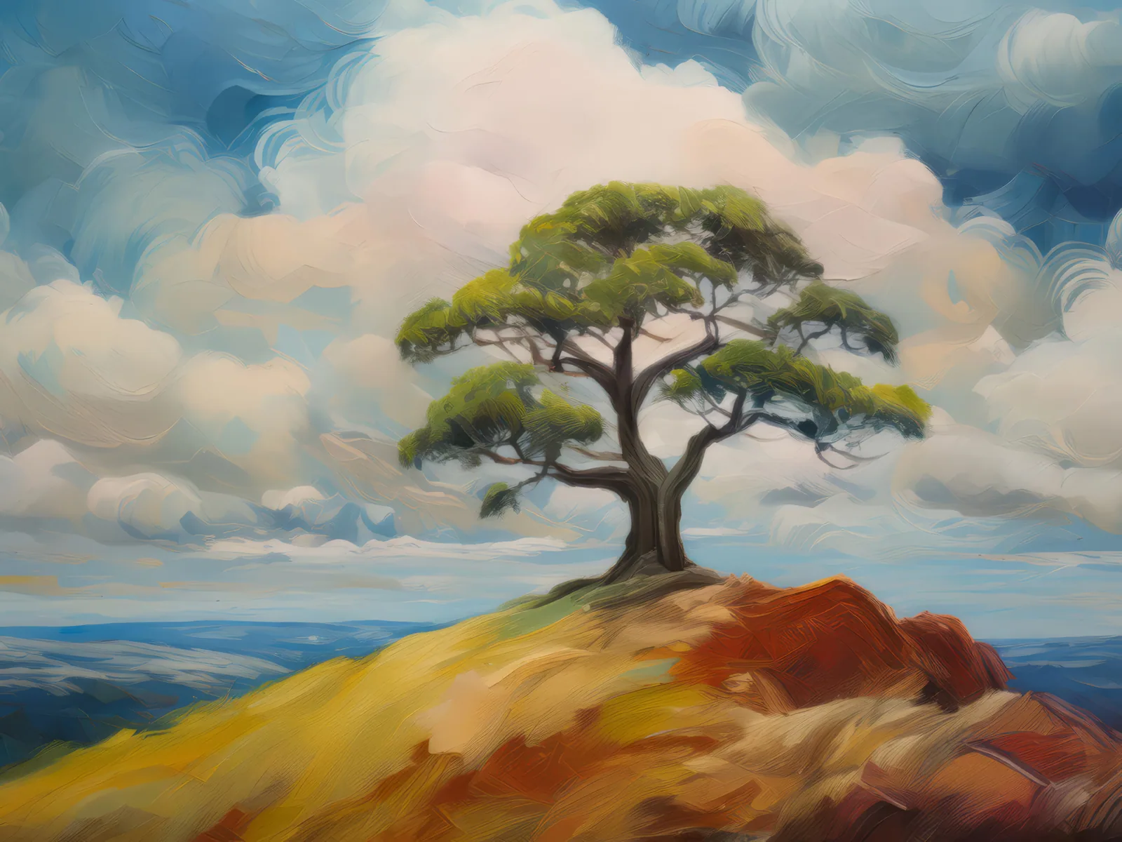Lonely Tree on Hilltop, a palette-knife oil landscape by Emma Mickelberg