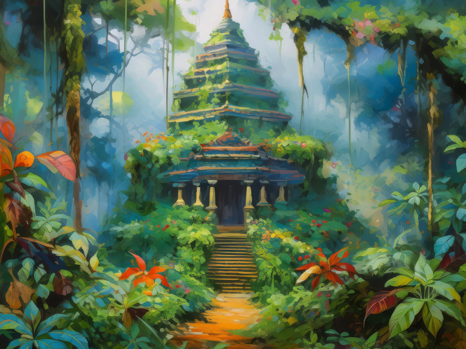 Lost Jungle Temple, a palette-knife oil landscape by Emma Mickelberg