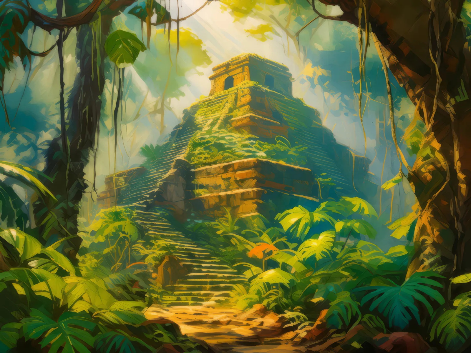 Lost Ruins in the Jungle, a palette-knife oil landscape by Emma Mickelberg