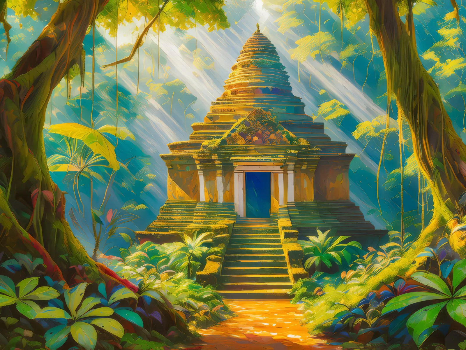 Lost Temple in the Jungle, a palette-knife oil landscape by Emma Mickelberg