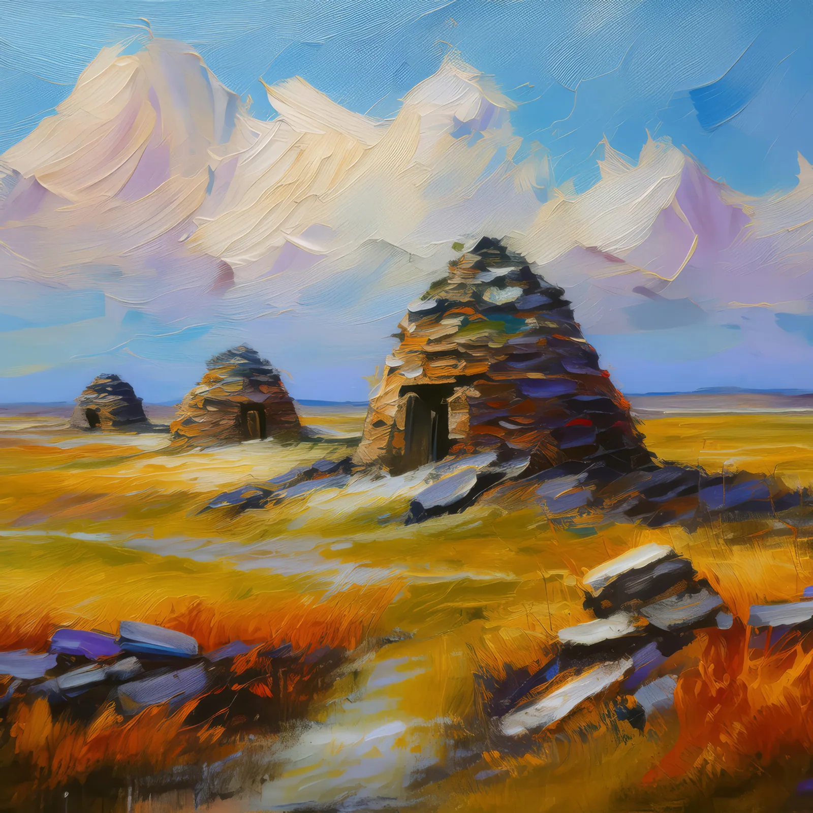 Lost Tundra Ruins, a palette-knife oil landscape by Emma Mickelberg