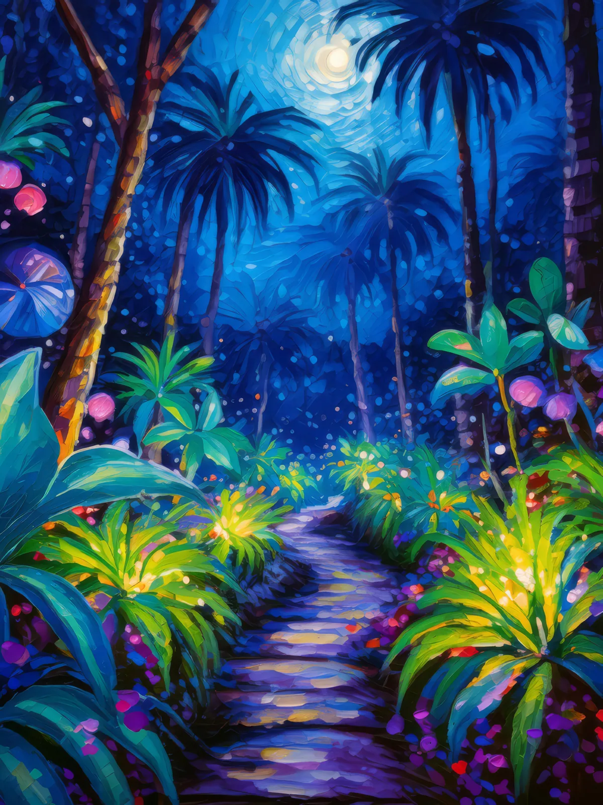 Luminous Jungle Night, a palette-knife oil landscape by Emma Mickelberg
