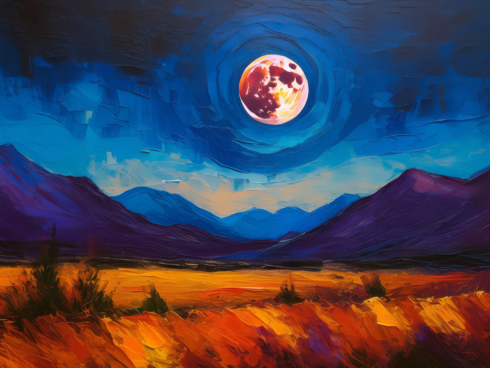 Lunar Eclipse Over Desert, a palette-knife oil landscape by Emma Mickelberg