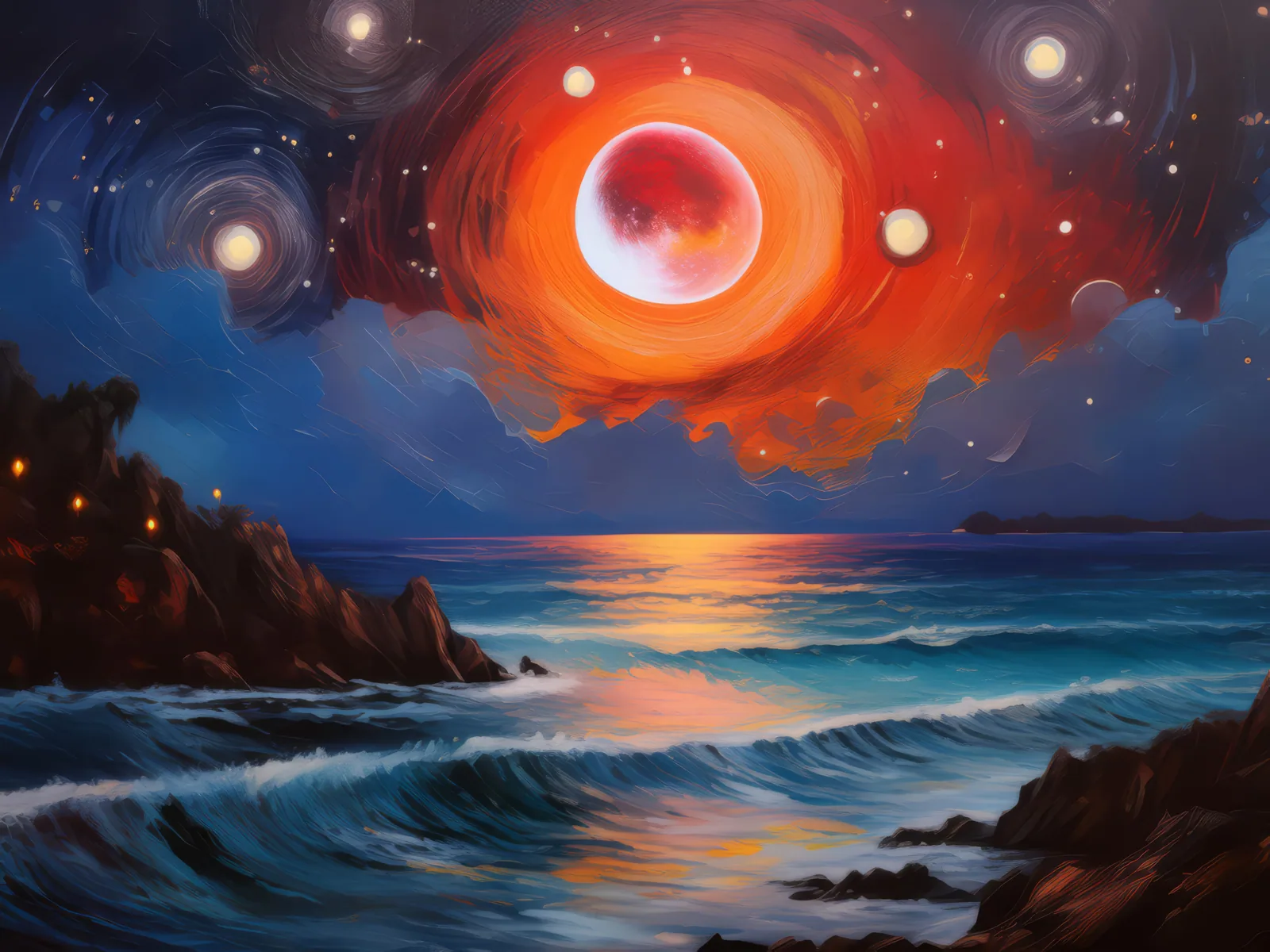 Lunar Eclipse Over the Ocean, a palette-knife oil landscape by Emma Mickelberg