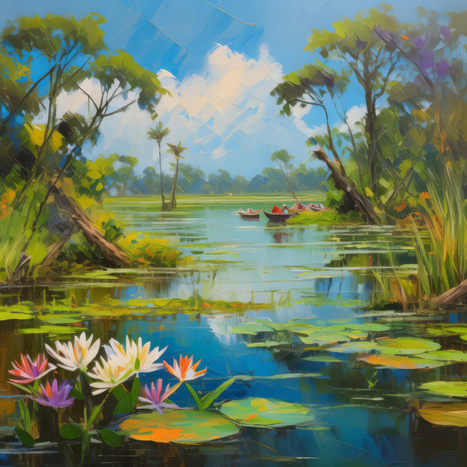 Lush Delta Floodplains, a palette-knife oil landscape by Emma Mickelberg