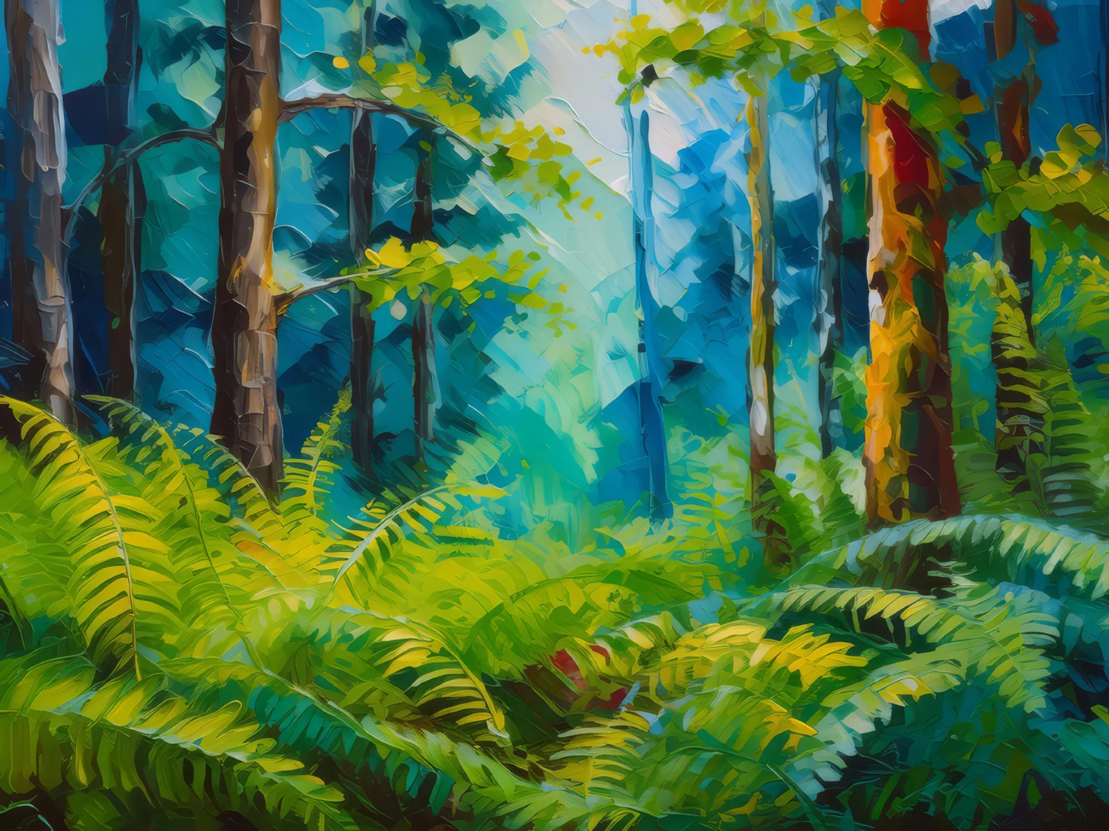 Lush Ferns Beneath Trees, a palette-knife oil landscape by Emma Mickelberg