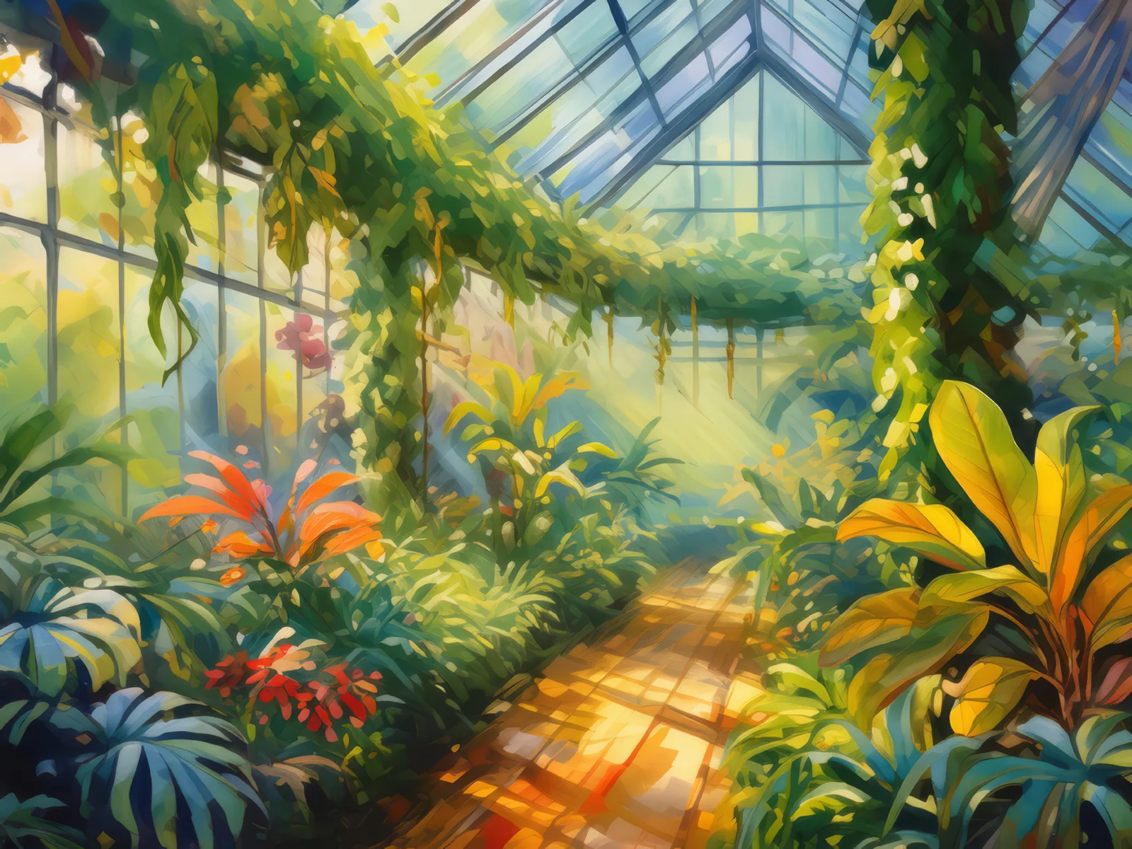 Lush Greenhouse Interior, a palette-knife oil landscape by Emma Mickelberg