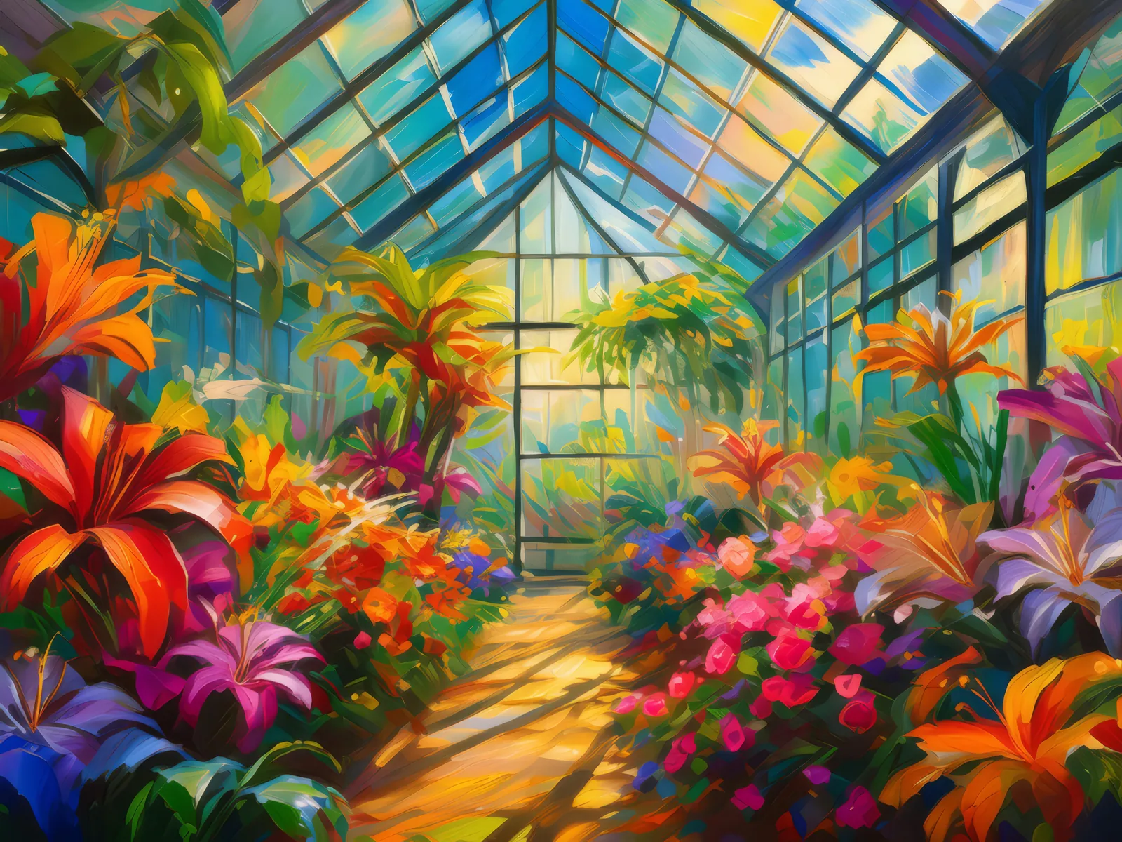 Lush Greenhouse Oasis, a palette-knife oil landscape by Emma Mickelberg