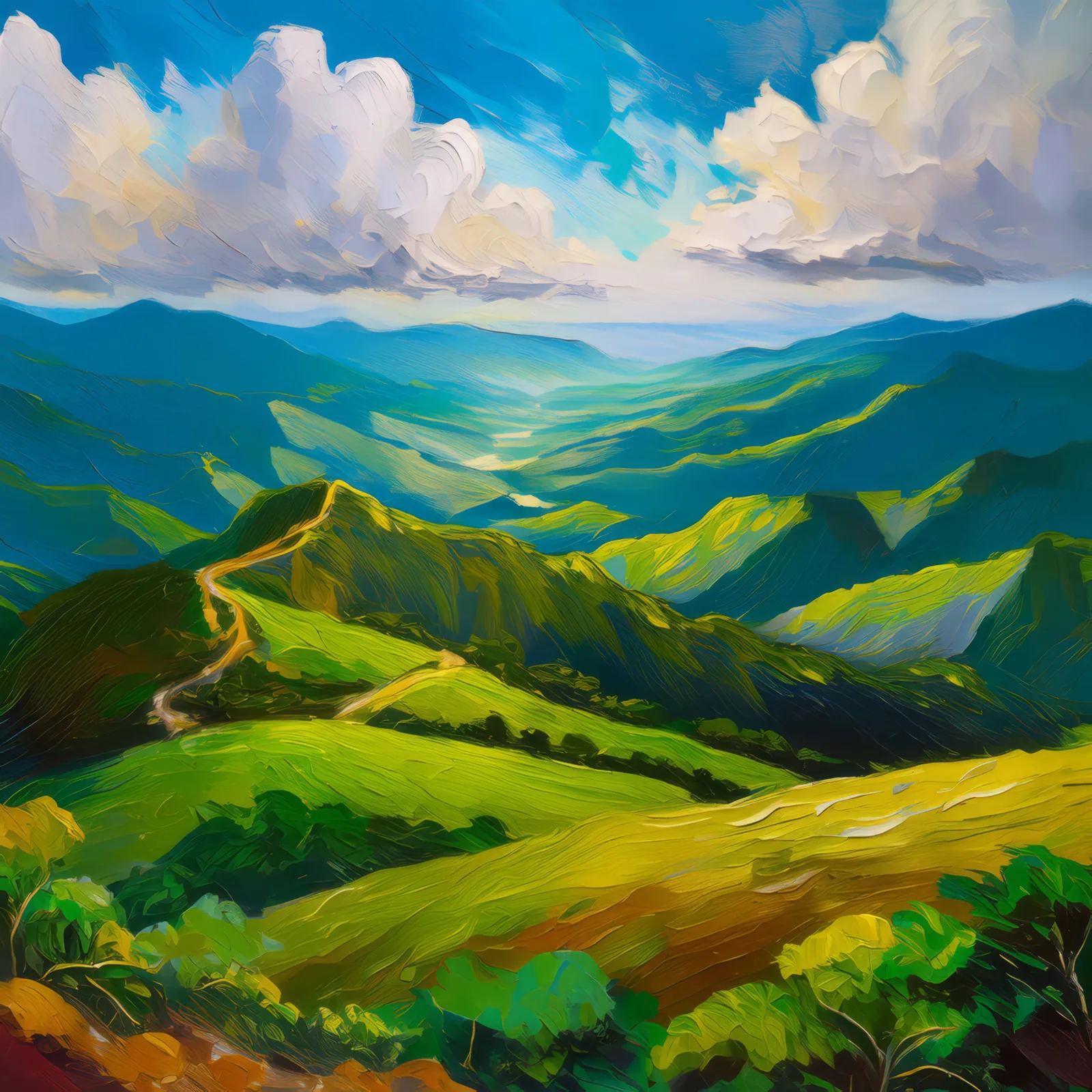 Lush Mountain Plateau, a palette-knife oil landscape by Emma Mickelberg