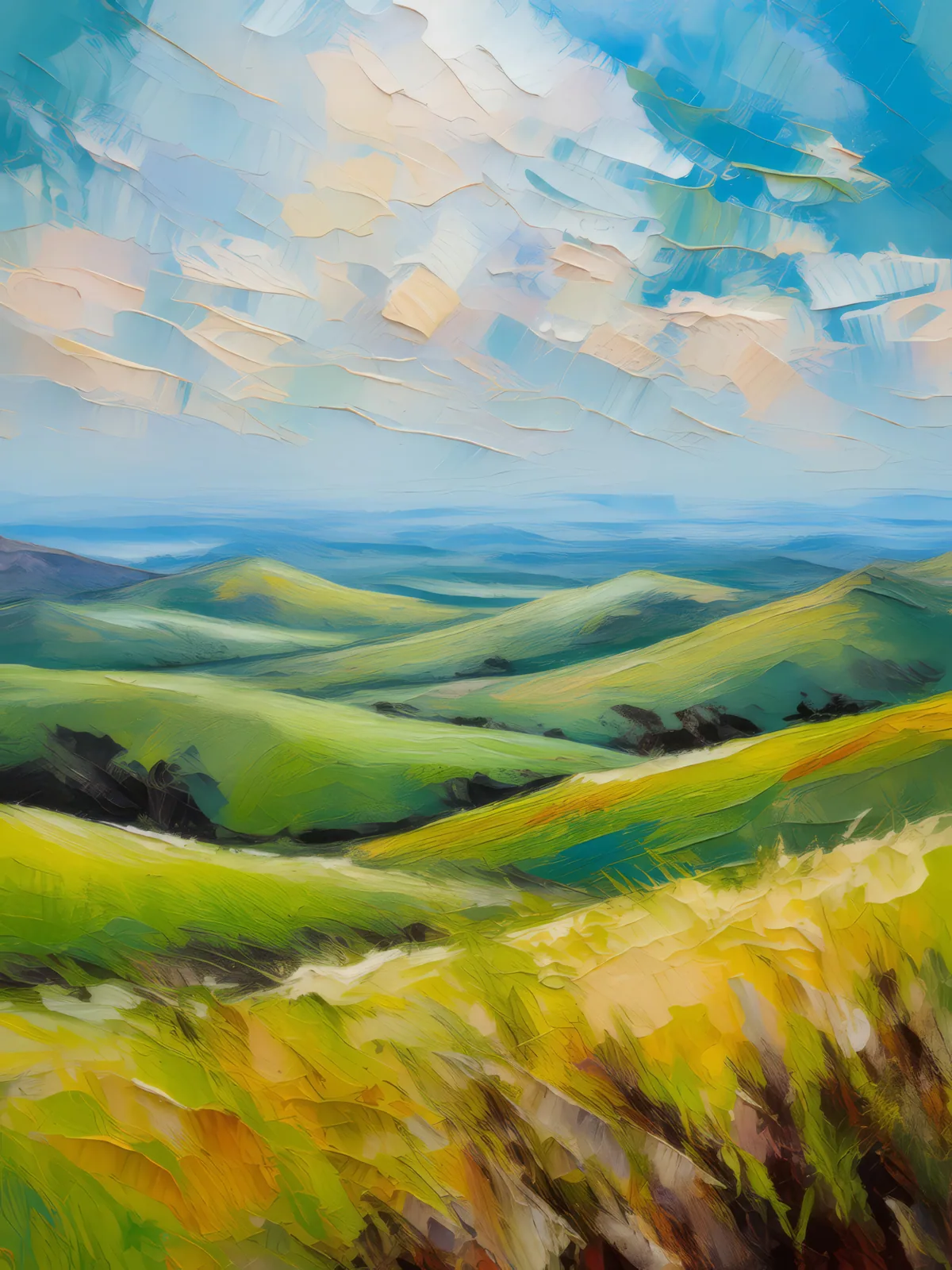Lush Temperate Grassland, a palette-knife oil landscape by Emma Mickelberg