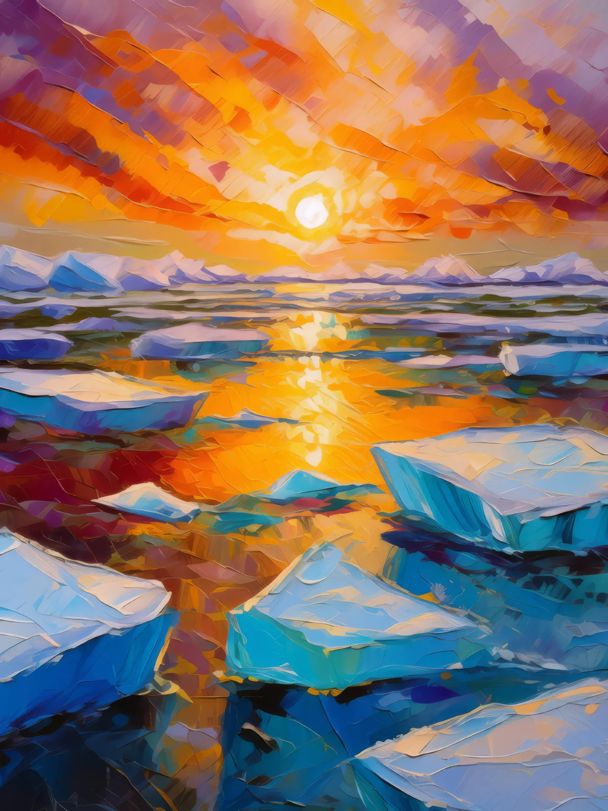 Majestic Arctic Desert Sunset, a palette-knife oil landscape by Emma Mickelberg