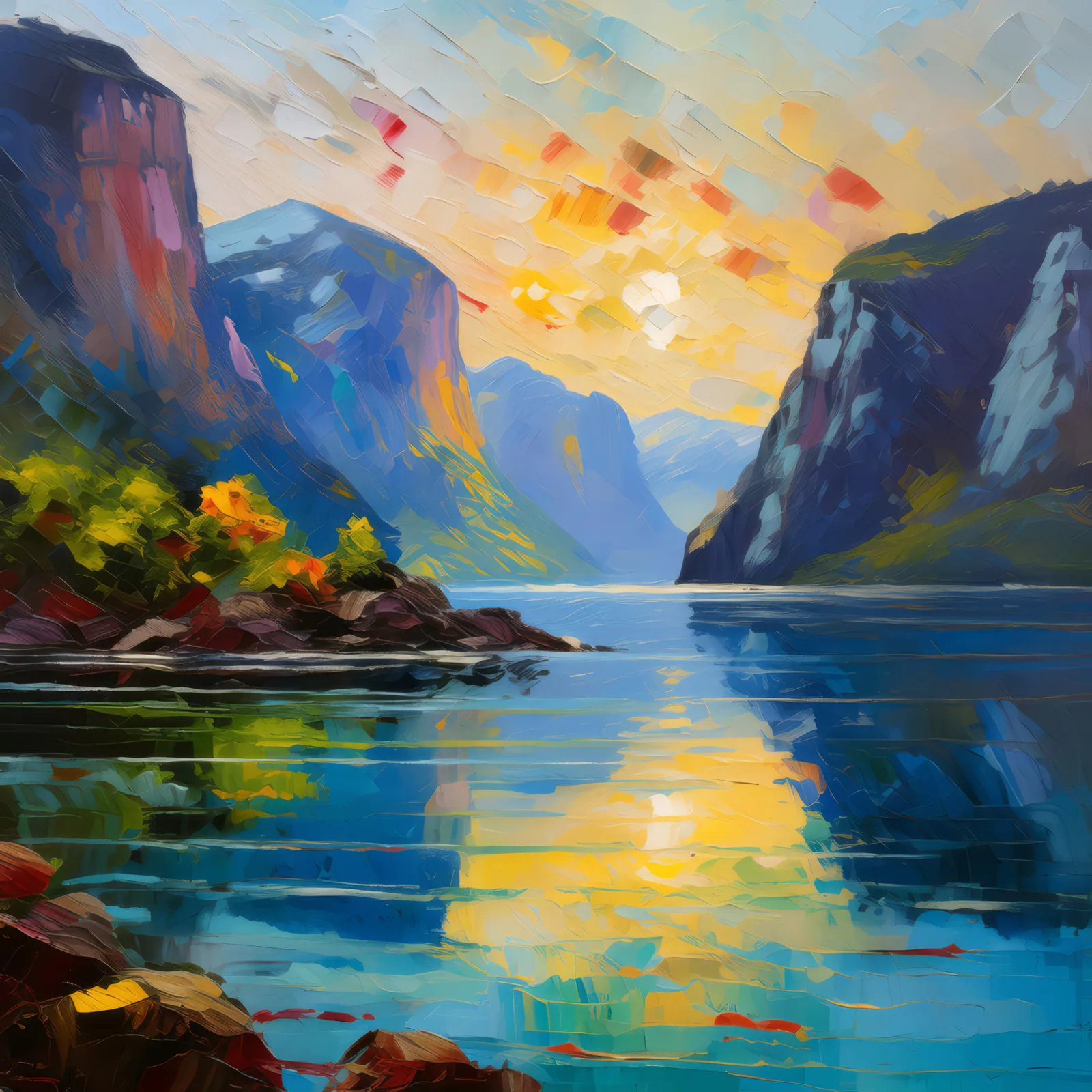 Majestic Fjord at Dawn, a palette-knife oil landscape by Emma Mickelberg