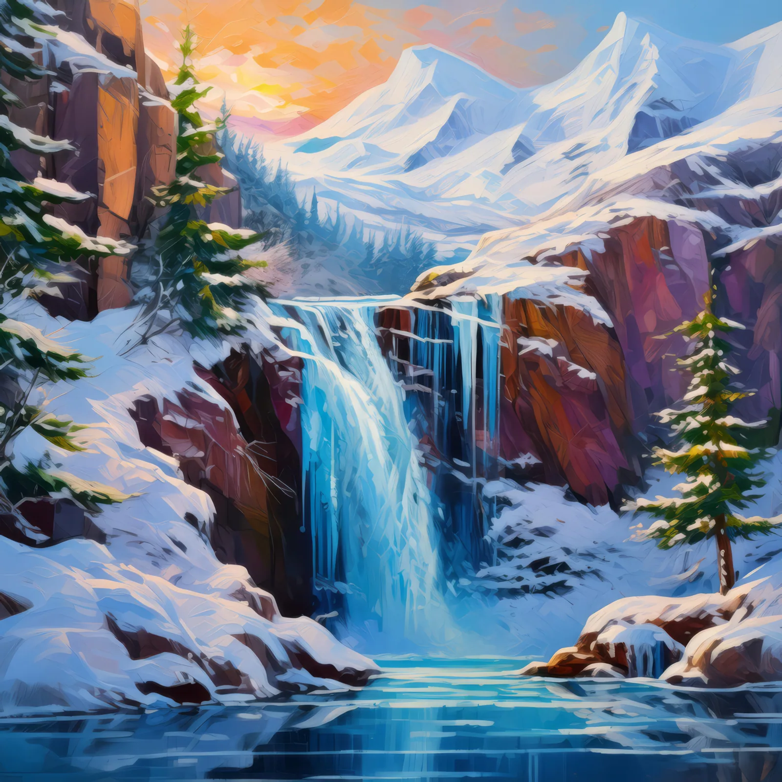 Majestic Frozen Waterfall, a palette-knife oil landscape by Emma Mickelberg