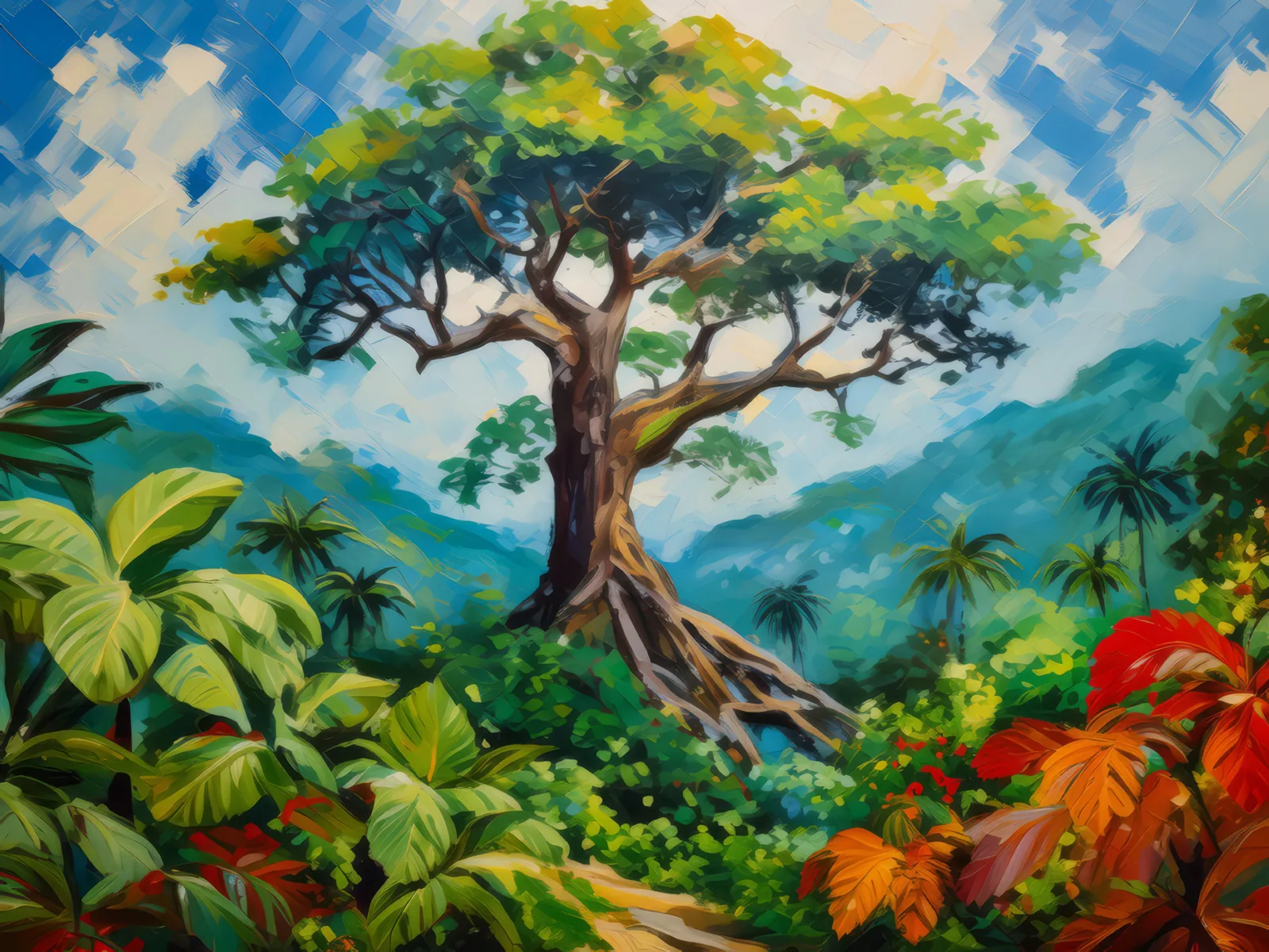 Majestic Jungle Tree Tower, a palette-knife oil landscape by Emma Mickelberg