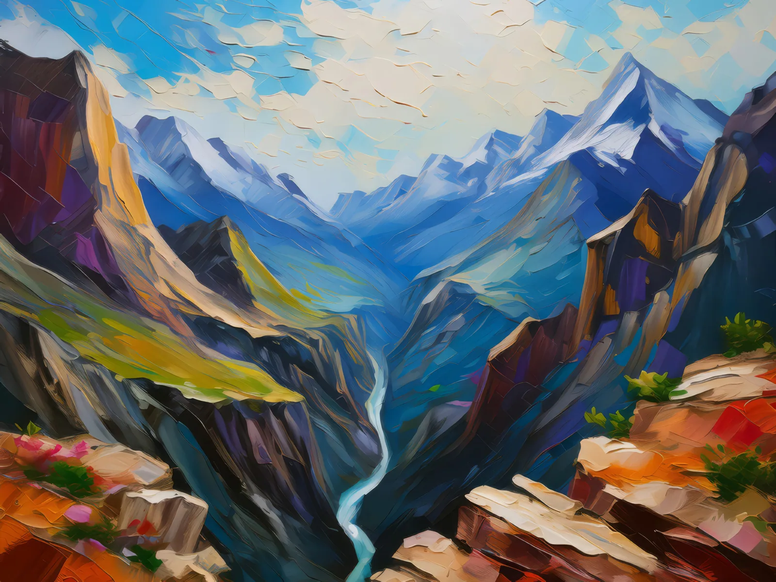 Majestic Mountain Chasm, a palette-knife oil landscape by Emma Mickelberg