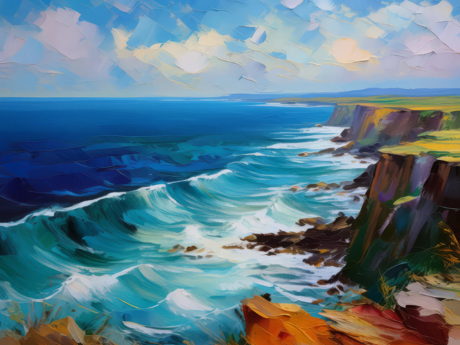 Majestic Ocean Vista, a palette-knife oil landscape by Emma Mickelberg