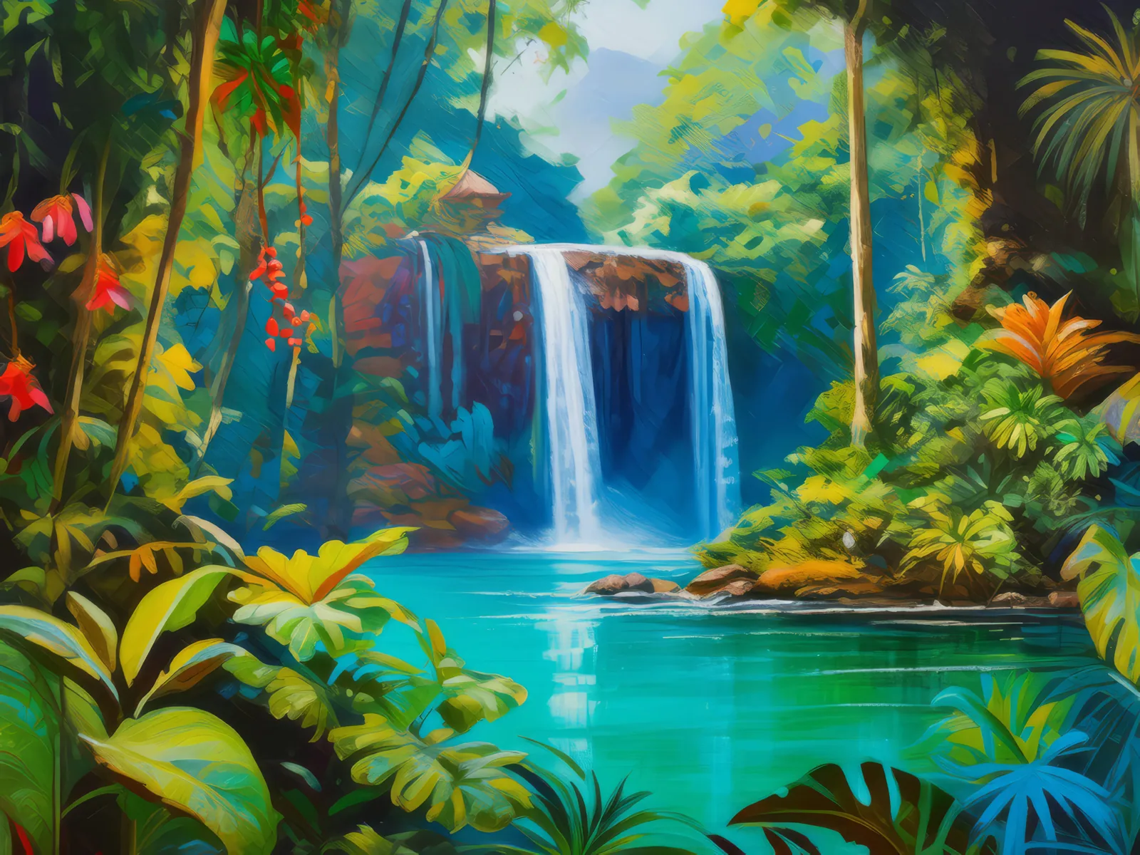 Majestic Waterfall in the Jungle, a palette-knife oil landscape by Emma Mickelberg