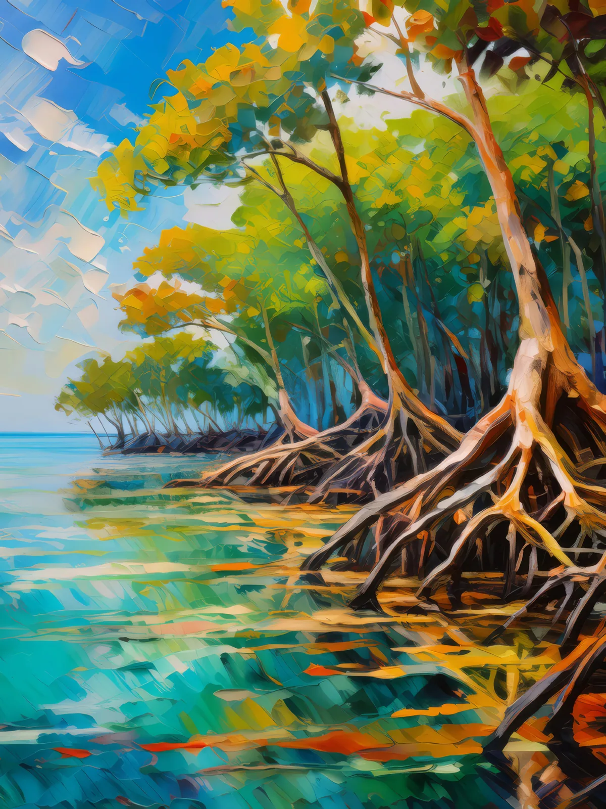 Mangrove Forest Shore, a palette-knife oil landscape by Emma Mickelberg