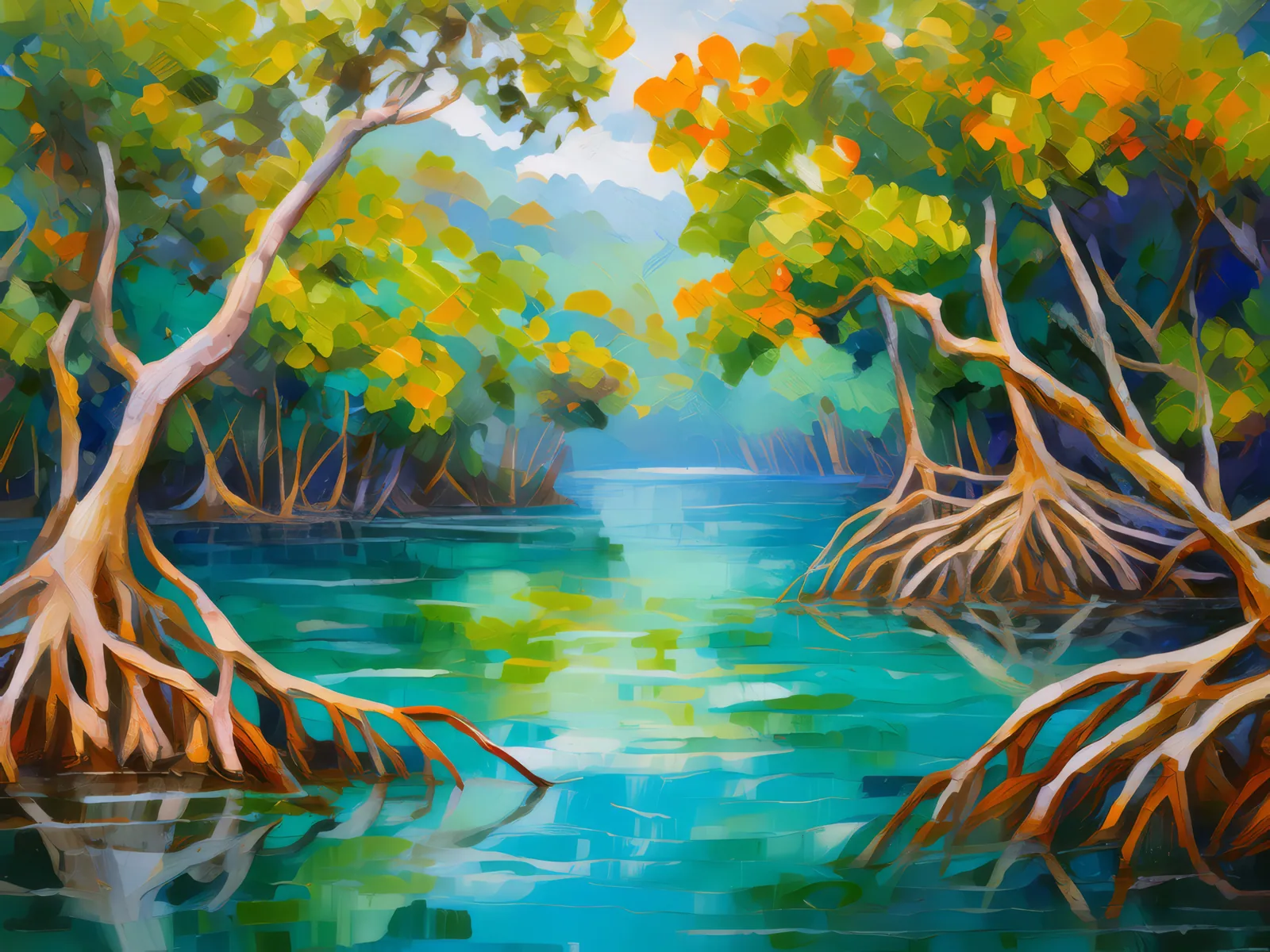 Mangrove Lagoon, a palette-knife oil landscape by Emma Mickelberg