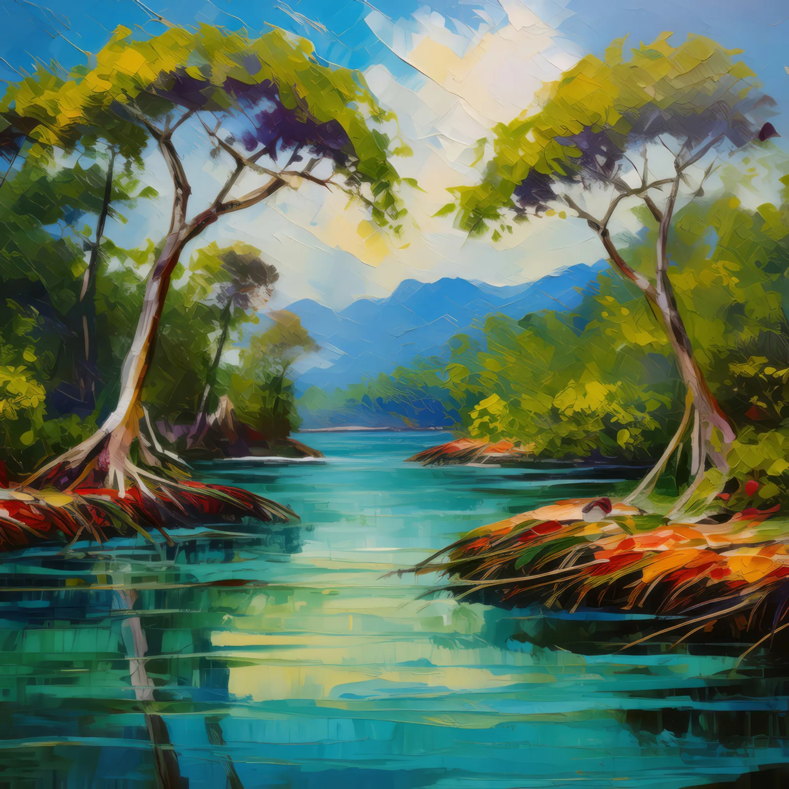 Mangrove Swamp Island, a palette-knife oil landscape by Emma Mickelberg