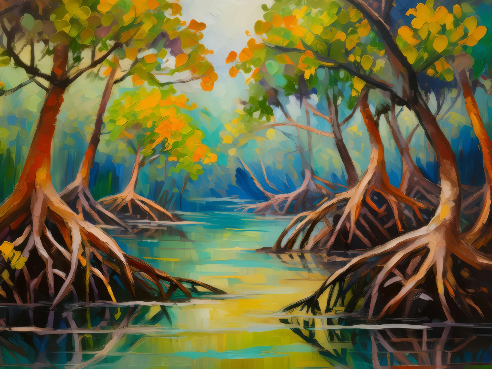 Mangrove Swamp Waters, a palette-knife oil landscape by Emma Mickelberg