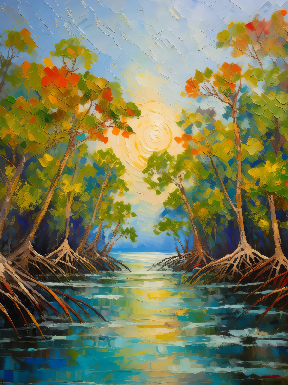Mangroves of the Delta, a palette-knife oil landscape by Emma Mickelberg