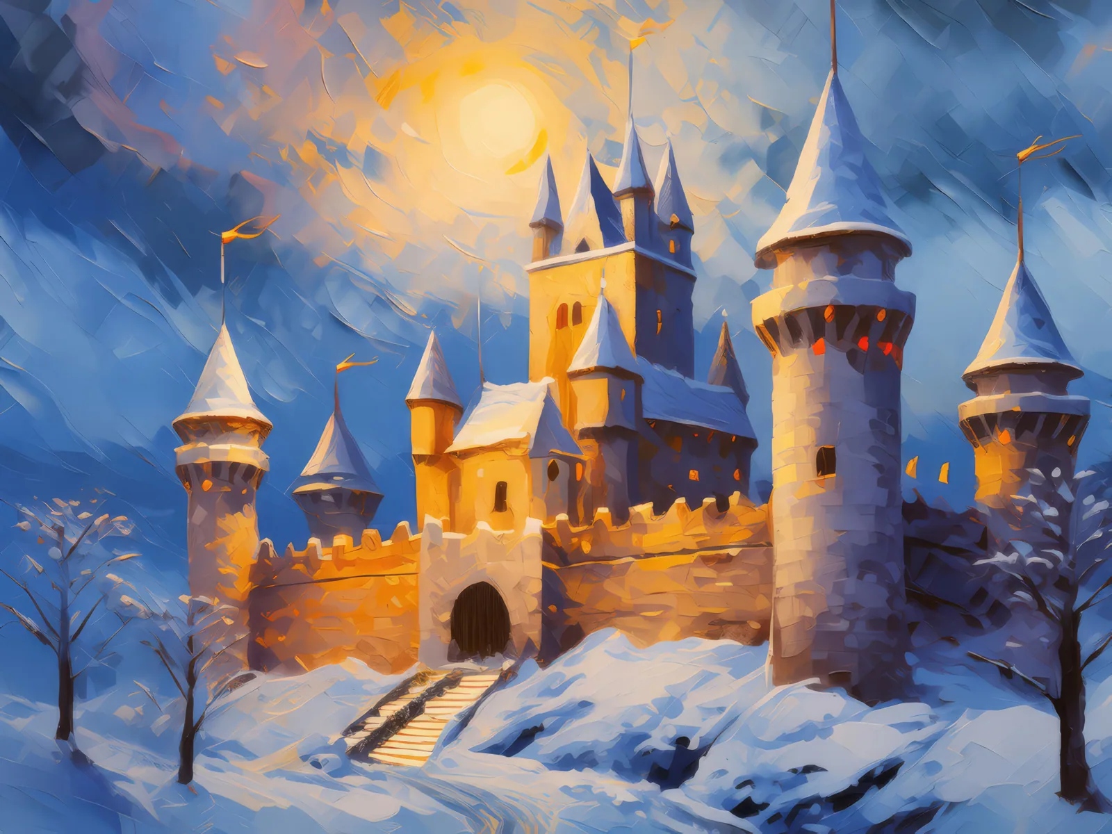 Medieval Castle Winter, a palette-knife oil landscape by Emma Mickelberg