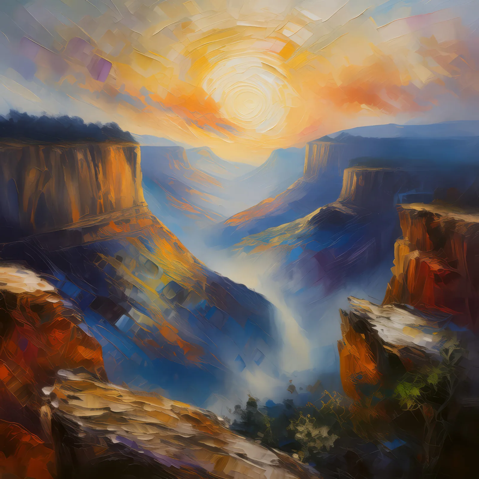 Melodic Mists in Craggy Canyons, a palette-knife oil landscape by Emma Mickelberg