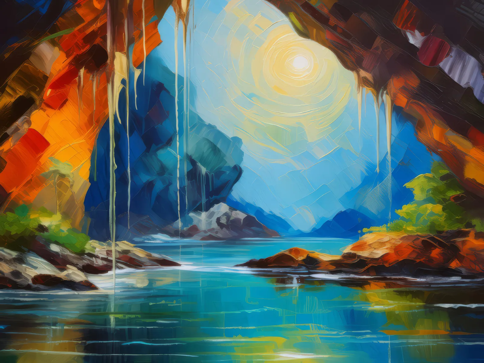 Melodic Musings in Craggy Caves, a palette-knife oil landscape by Emma Mickelberg