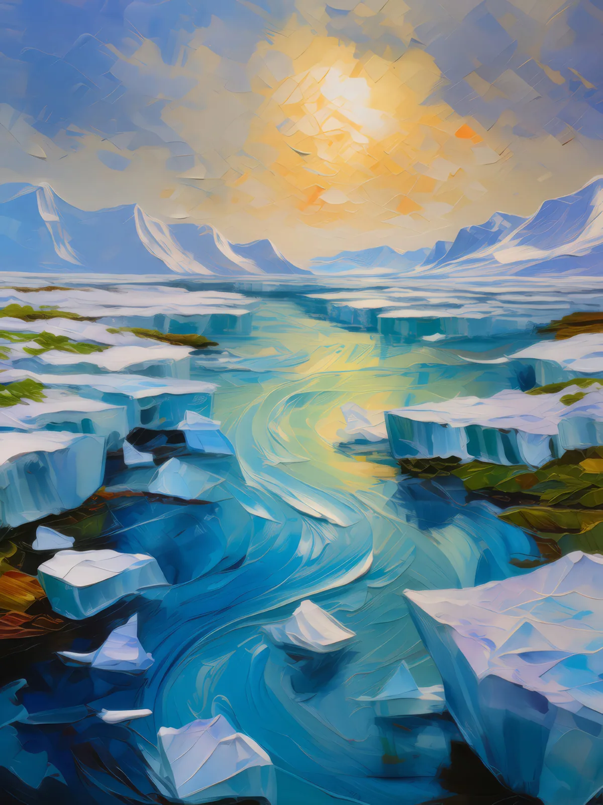 Melting Ice Patterns, a palette-knife oil landscape by Emma Mickelberg