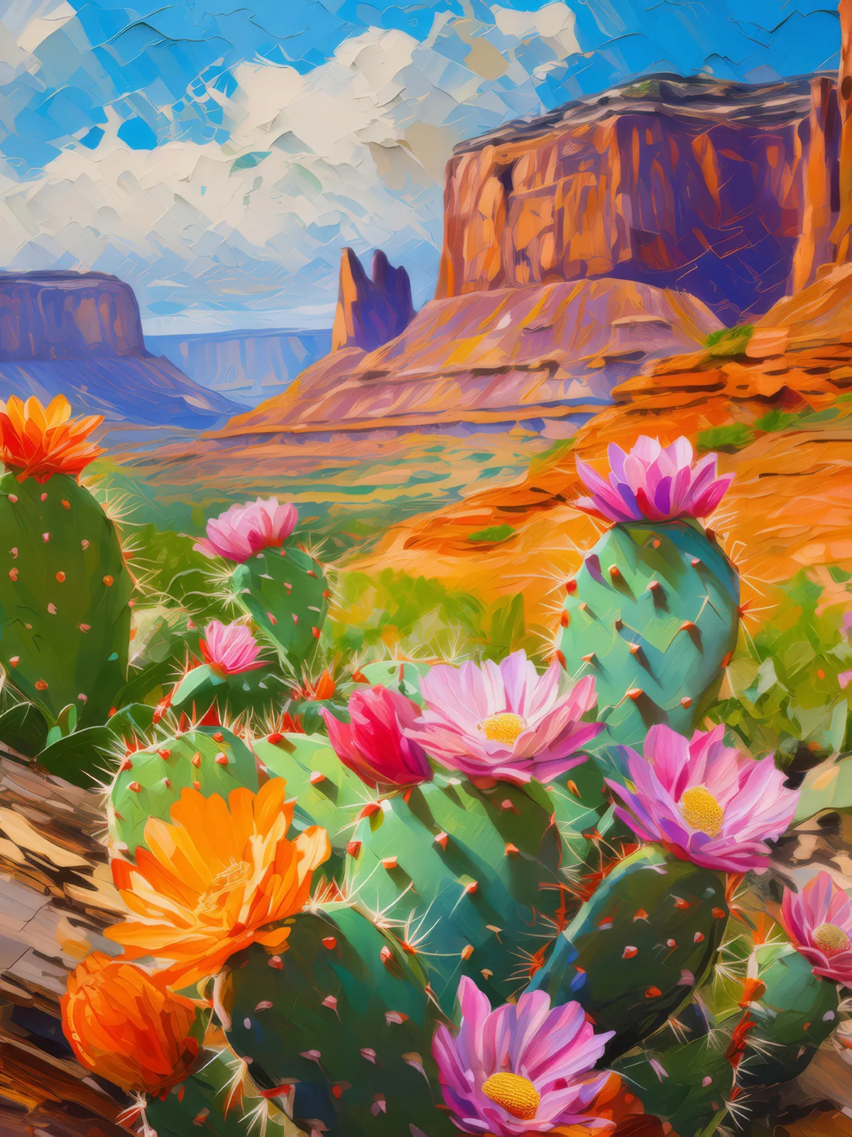 Mesa and Blooming Cacti, a palette-knife oil landscape by Emma Mickelberg
