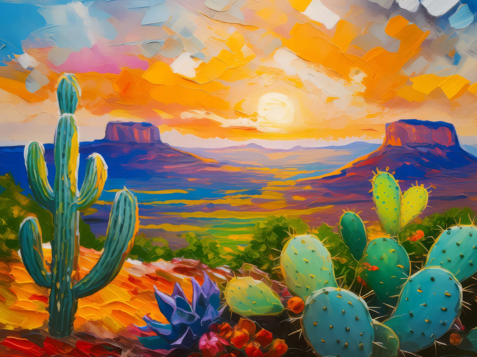 Mesa and Cacti Sunset, a palette-knife oil landscape by Emma Mickelberg
