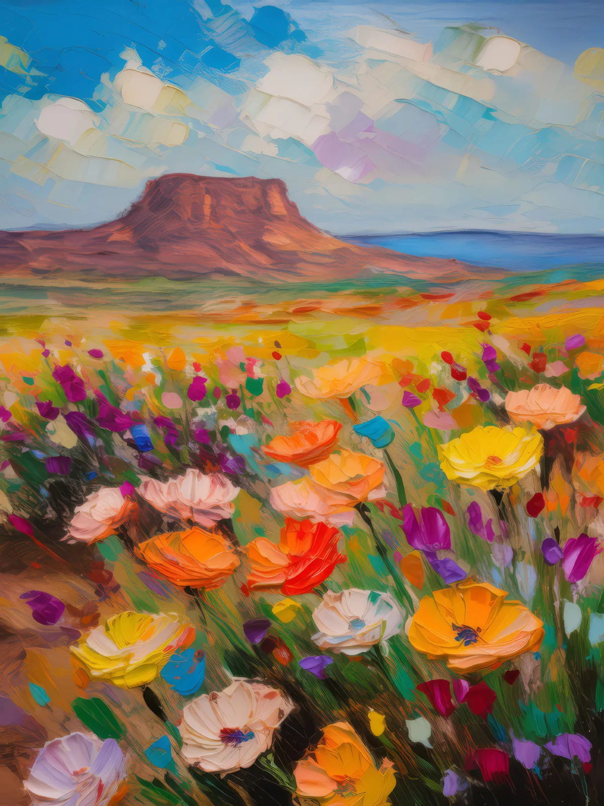 Mesa and Desert Flowers, a palette-knife oil landscape by Emma Mickelberg