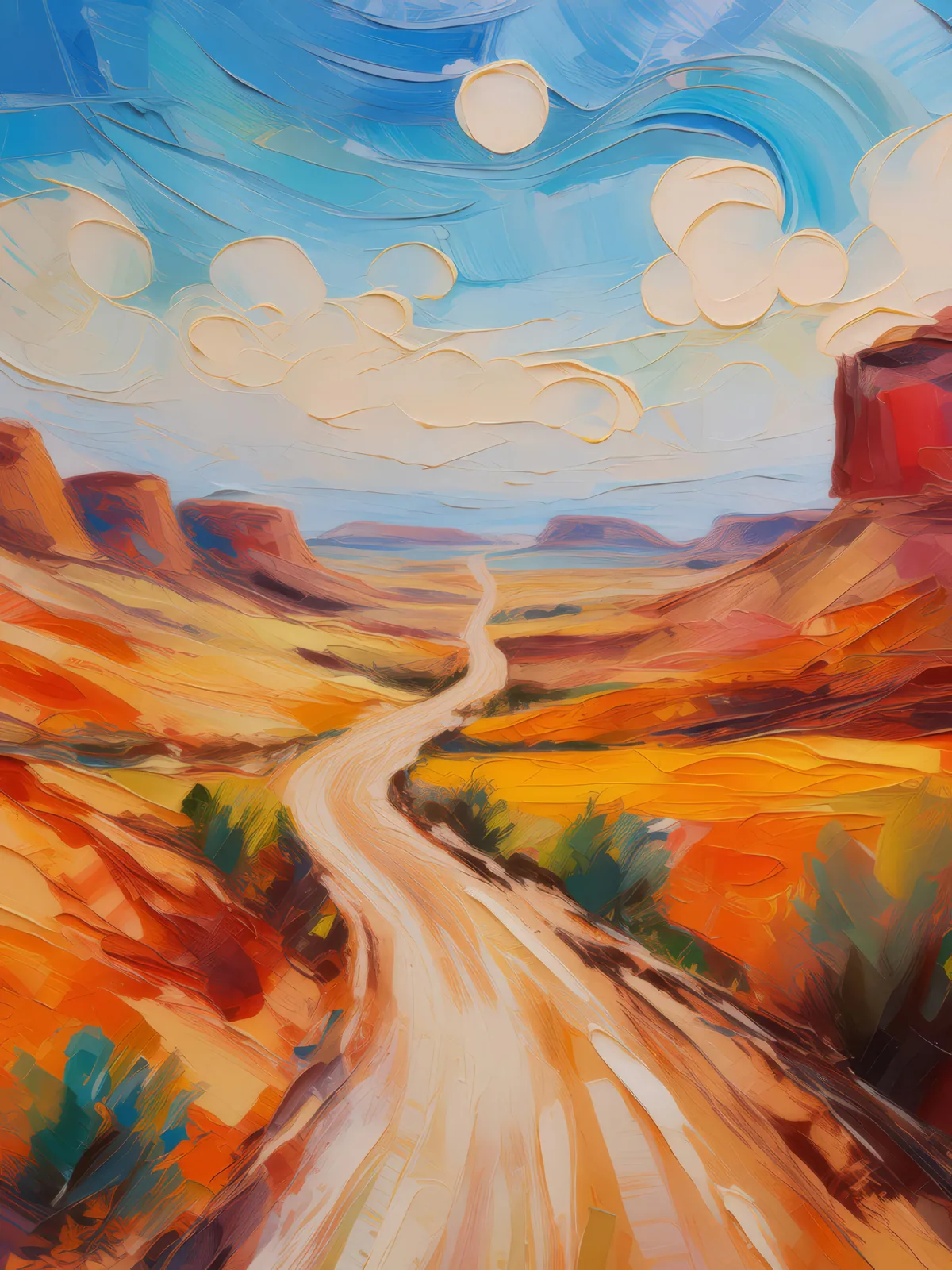 Mesa and Desert Road, a palette-knife oil landscape by Emma Mickelberg