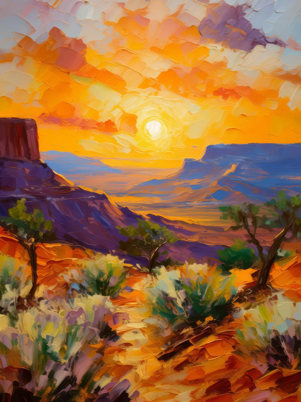 Mesa and Desert Sunrise, a palette-knife oil landscape by Emma Mickelberg