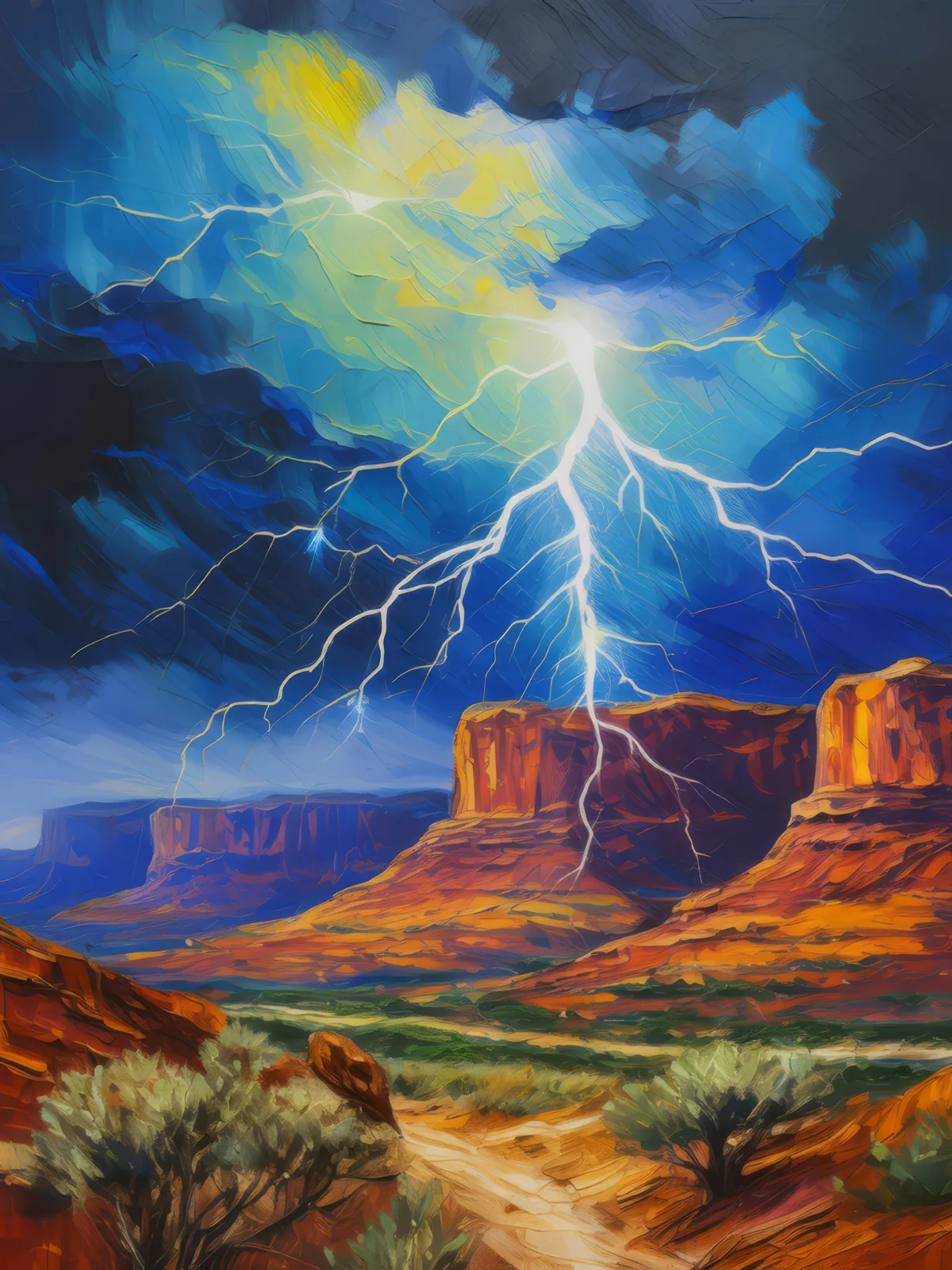 Mesa and Lightning Storm, a palette-knife oil landscape by Emma Mickelberg