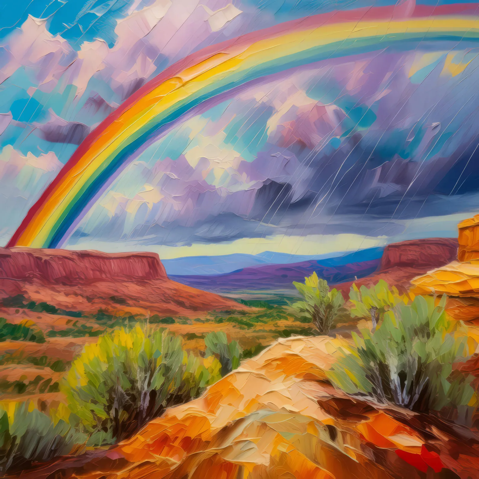 Mesa and Rainbow, a palette-knife oil landscape by Emma Mickelberg
